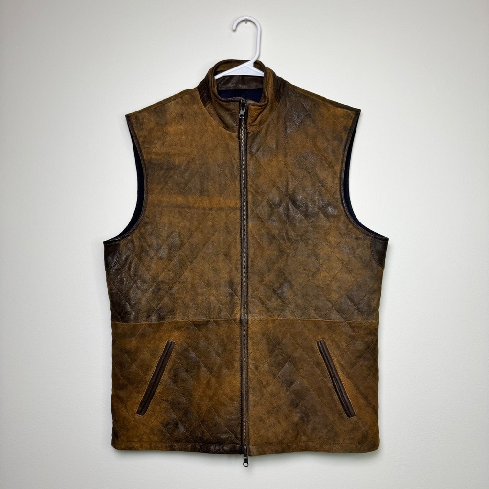 Hinton & Hinton Trimmed Leather Diamond Quilt Reversible Vest Size M Brown